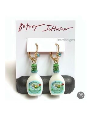 NWT Betsey Johnson💋RANCH DRESSING BOTTLE Gold Tone Glass Crystals Drop Earrings